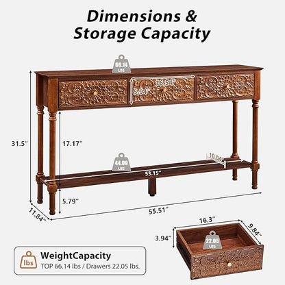 55.5" Carved Console Table with 3 Drawers, 2-Tier Sofa Table with Glossy Floral Surface and Solid Wood Legs, Mid-Century Modern Entryway Table for Living Room Hallway (Walnut)