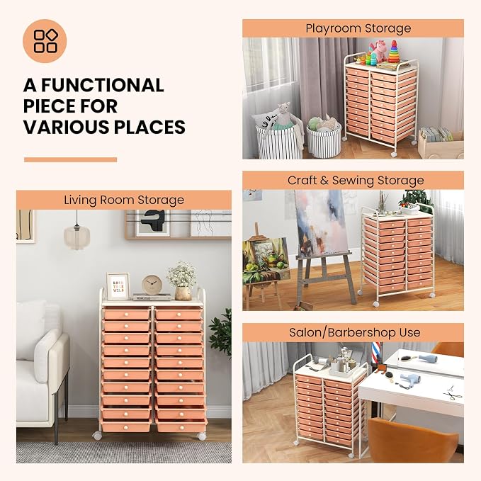 Giantex 20 Drawers Rolling Cart, Mobile Storage Drawer Cart, Classroom Organizer for Office School Supplies Tools Scrapbook Paper Craft Small Printer, Utility Stand on Wheels, Peach