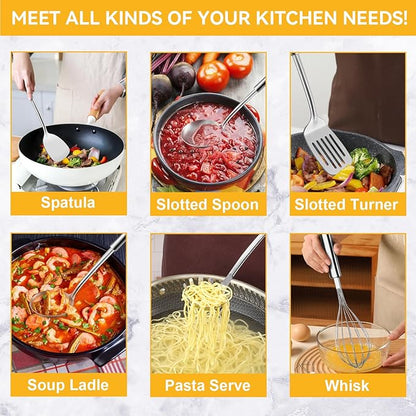 Gymdin Stainless Steel Kitchen Cooking Utensils Set of 7 - Kitchen Utensils with Hanging Rack, Spatula, Slotted Turner, Soup Ladle, Slotted Spoon, Whisk, Pasta Server, Holder, Dishwasher Safe