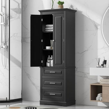 Polibi Tall Storage Cabinet with 3 Drawers, 3-Tier Adjustable Shelves & 2 Doors, Floor Freestanding Linen Cabinet for Bathroom, Living Room (Black)