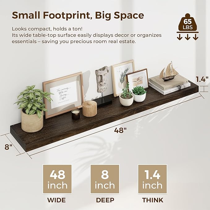 Dreamland Rustic Wood Floating Shelves for Wall Decor, Elm Wood Shelves 48 Inch Long, 8 Inch Deep Floating Shelf for Living Room Bathroom Bedroom Kitchen, 48 x 8 Wall Shelves Set of 1, Walnut Color