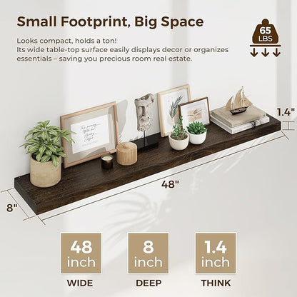 Dreamland Rustic Wood Floating Shelves for Wall Decor, Elm Wood Shelves 48 Inch Long, 8 Inch Deep Floating Shelf for Living Room Bathroom Bedroom Kitchen, 48 x 8 Wall Shelves Set of 1, Walnut Color