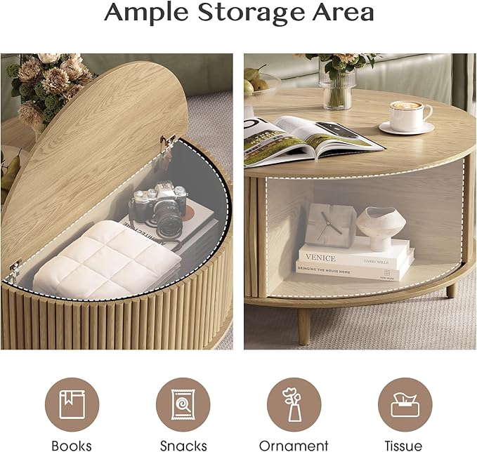 SULIVES Round Coffee Table with Storage,Mid Century Modern Coffee Table with Sliding Door,Fluted Center Table with Solid Wood Legs,Small Coffee Table for Living Room,Oak