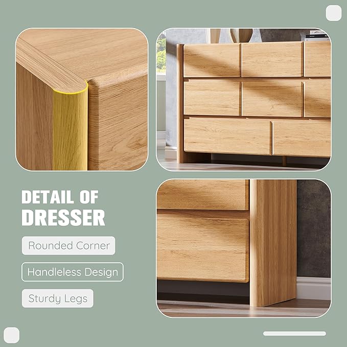 Modern 8 Drawers Dresser for Bedroom, 55" Wide Dresser w/Large Storage & Rounded Corner, Wood Handleless Chests of Drawers w/Natural Texture for Bedroom, Hallway, Living Room-Natural