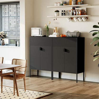 COFaR Black Metal Cabinet with Adjustable Shelves, 47”H Industrial Buffet Sideboard & Coffee Bar Station, Ventilated Steel Storage Cabinet with Magnetic Doors for Kitchen, Office, Living Room