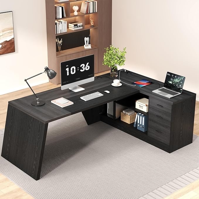 78 Inch L Shape Executive Desk, Large Modern Home Office Desk with Drawer and Cord Hold Management, Wooden Business Furniture for CEO Boss Manager, Black Gray
