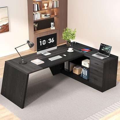 78 Inch L Shape Executive Desk, Large Modern Home Office Desk with Drawer and Cord Hold Management, Wooden Business Furniture for CEO Boss Manager, Black Gray