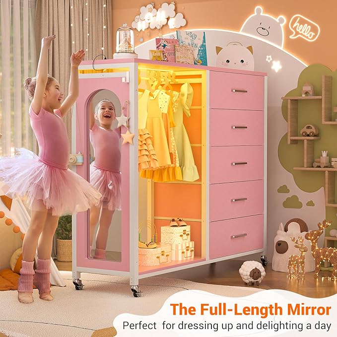 Cyclysio Dresser for Bedroom with Clothes Rack & Mirror, 5 Fabric Drawers Dresser with Charging Station & LED Lights, Rolling Chest of Drawers with Wheels, Full Length Mirror, Wooden Top, Closet