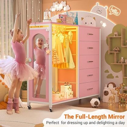 Cyclysio Dresser for Bedroom with Clothes Rack & Mirror, 5 Fabric Drawers Dresser with Charging Station & LED Lights, Rolling Chest of Drawers with Wheels, Full Length Mirror, Wooden Top, Closet