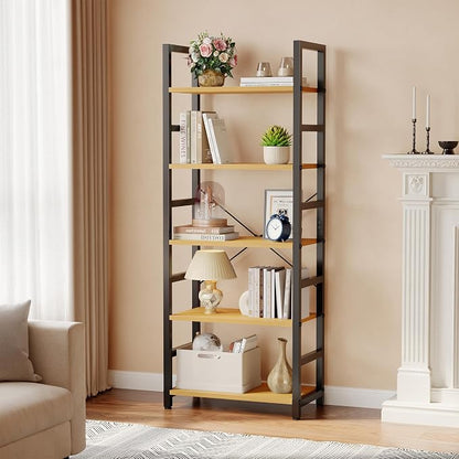 DUMOS 5-Tier Bookshelf, Modern Tall Bookcase, Open Storage Display Shelf for Living Room, Bedroom, Home Office, Narrow Standing Shelving Unit for Books, CDs, Décor，Wood