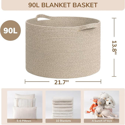 INDRESSME XXXLarge Blanket Basket for Living Room 21.7" x 21.7" x 13.8"-Storage Basket with Handle for Organizing Toy Pillows Woven Wicker Laundry Basket Stuffed Animal Toy Storage for Play Room