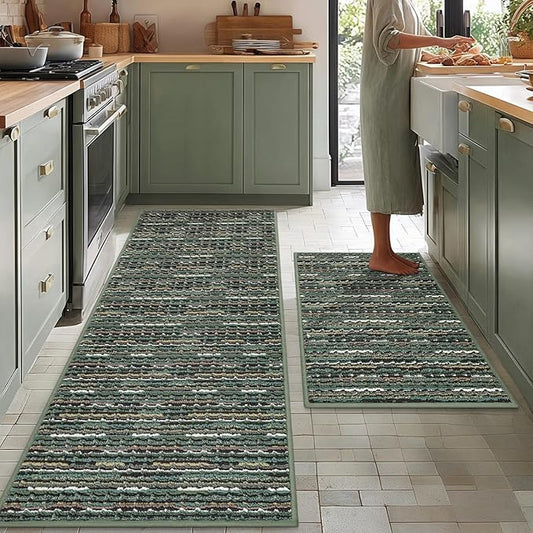 Kitchen Rugs Sets of 2-Non Slip Kitchen Mats for Floor-Thick Stain Resistant Vintage Kitchen Floor Mat Runner Carpet for Hallways Entryway Laundry Room Washable（Green 22"x59"+20"x32"）