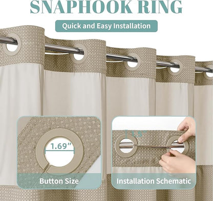 Khaki No Hook Waffle Weave Shower Curtain with snap-in Liner Replacement, 230GSM Waterproof Fabric Hotel Shower Curtain Set for Bathroom, Through Mesh Top Window,71Wx80H