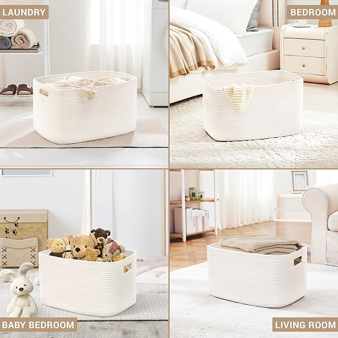 SunNewt 72L Large Baby Girls Laundry Basket for Nursery Storage,Cute Woven cotton Rope Baskets for Kids Toy，Gifts,Boho Square Wicker Blanket hamper for Living Room,Bedroom Dirty Clothes, White