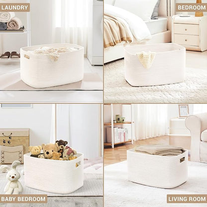 100L Extra Large Baby Girls Laundry Basket for Nursery Storage,Cute Woven cotton Rope Baskets for Kids Toy，Gifts, Boho Square Wicker Blanket hamper for Living Room,Bedroom Dirty Clothes, White