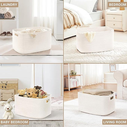 SunNewt 45L Small Baby Girls Laundry Basket for Nursery Storage,Cute Woven cotton Rope Baskets for Kids Toy，Gifts,Boho Square Wicker Blanket hamper for Living Room,Bedroom Dirty Clothes, White