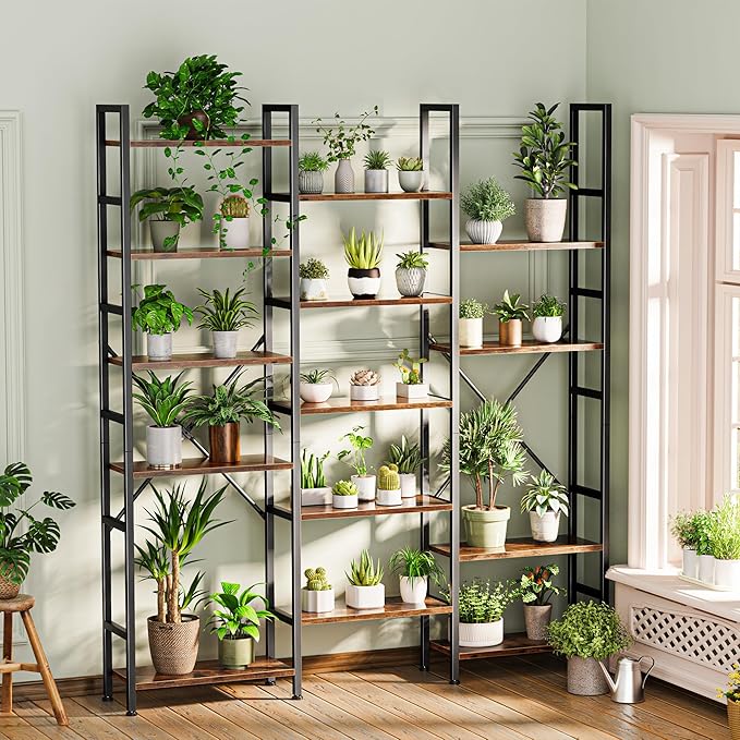 SUPERJARE Triple Bookshelf, Bookcase with 11 Open Display Shelves, Wide Book Shelf Book Case for Home & Office, 6 Tier, Rustic Brown