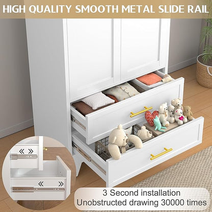 Metal Wardrobe Cabinet with Hanging Rod, 71" Metal Clothing Storage Cabinets with 2 Door, 1 Adjustable Shelf and 2 Drawers, Steel Armoire Wardrobe Closet for Bedroom, Gym, Cloak Room (White)