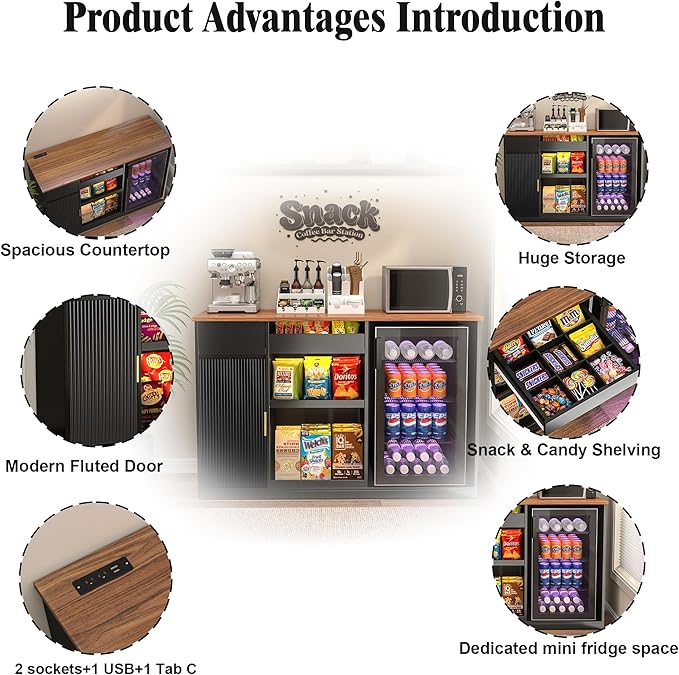 GDLF Snack Bar Cabinet with Fridge Space, Snack Organizer with Storage and Candy Display Shelf, Coffee Station for Home Theater or Game Room, 51.2" L，Black