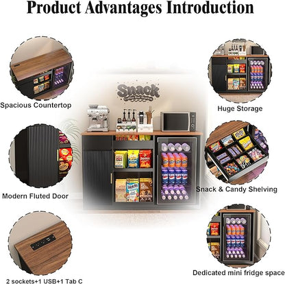 GDLF Snack Bar Cabinet with Fridge Space, Snack Organizer with Storage and Candy Display Shelf, Coffee Station for Home Theater or Game Room, 51.2" L，Black