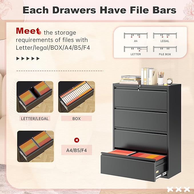 Superday Lateral File Cabinet 4 Drawer Metal File Cabinet with Lock, Black Filing Cabinets for Home Office, Locking Filing Cabinets Hanging Files Letter/Legal/F4/A4