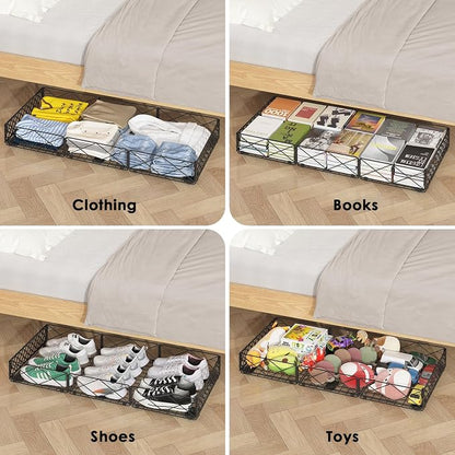 NADAMOO 5.4 in Low Profile Under Bed Storage, 36.6" Ultra Long Metal Underbed Organizer with 6 Smooth Rolling Wheels, 110 lbs Heavy Duty Foldable Under Bed Container for Shoes, Clothes, Toys, 2 Packs