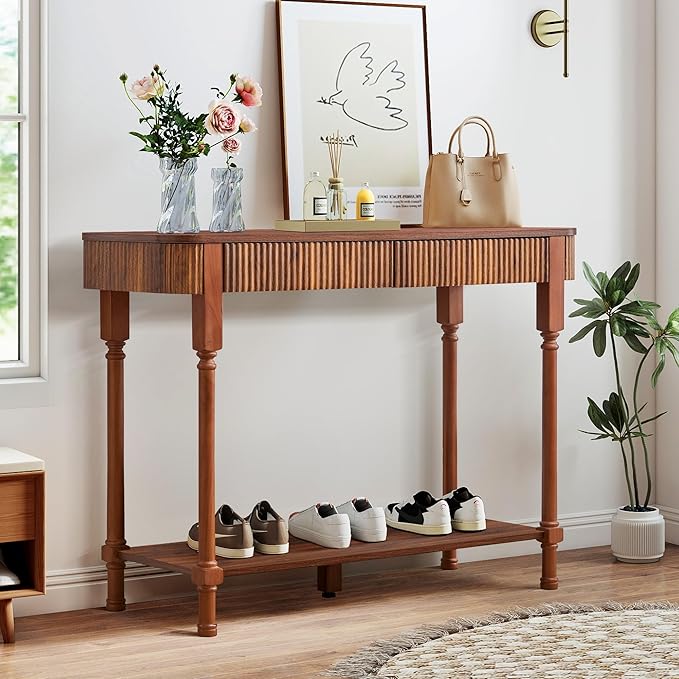 Fluted Console Table for Entryway, 43.3'' Narrow Entryway Tables with 2 Wooden Drawers, Retro Sofa Table Behind Couch Accent Tables for Foyer, Living Room, Hallway (Walnut)