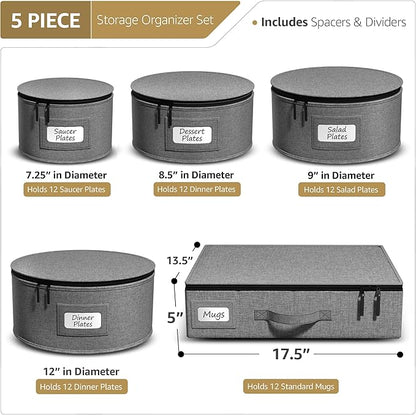 Sorbus China Storage Containers Hard Shell - Glass & Dish Storage Containers for Transport, Moving, Party - 5 Pc. Stackable Plate Storage Set for Dinnerware, Mugs, Cups - Felt Plate Protector included