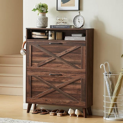 Shoe Storage Cabinet with 2 Flip Drawers, Farmhouse Shoes Organizer for Entryway, Narrow Hidden Shoe Rack with Legs & Open Storage, Freestanding Shoe Closet for Foyer, Hallway, Brown Walnut