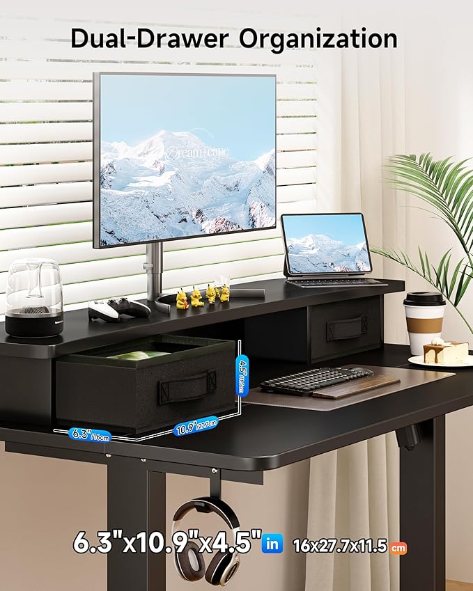 BIZUM Standing Desk with 2 Drawers Computer Desk-Stand up Desk Home Office Gaming Memory Desks C-Clamp Mount Compatible, 48x24 Inch Black