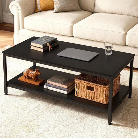 SUPER DEAL 2-Tier Coffee Table with Storage Shelf for Small Apartment Living Room, Rectangle Wood and Stable Metal TV Stand Side End Table, Black