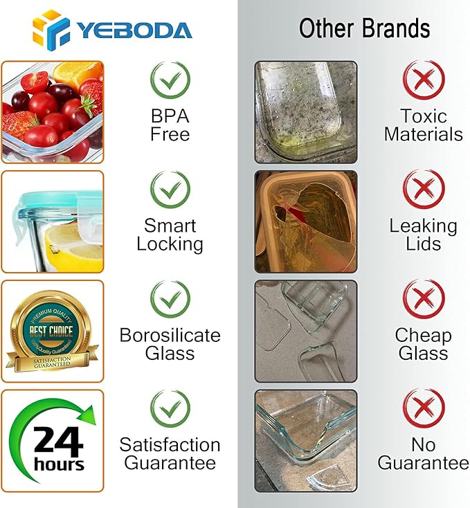 YEBODA Glass Food Storage Containers with Airtight Snap Locking Lids BPA Free Meal Prep Container Set For Home Kitchen Restaurant - Freezer, Microwave, Oven, Dishwasher Safe [23oz, 6 Pack]