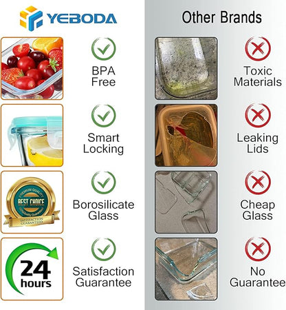 YEBODA Glass Food Storage Containers with Airtight Snap Locking Lids BPA Free Meal Prep Container Set For Home Kitchen Restaurant - Freezer, Microwave, Oven, Dishwasher Safe [23oz, 6 Pack]