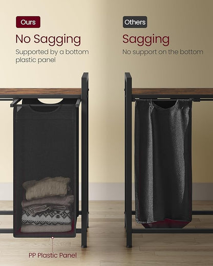 VASAGLE Laundry Hamper, Laundry Basket, Laundry Sorter with 4 Pull-Out and Removable Bags, Shelf, Metal Frame, 4 x 10.6 Gallons (40 L), 45.7 x 13 x 28.4 Inches, Ink Black and Rustic Brown UBLH401B01
