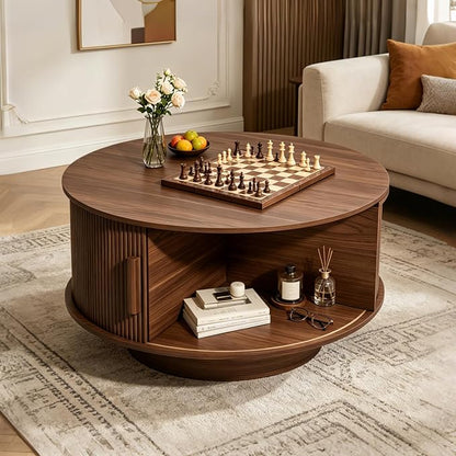 Round Lift Top Coffee Table, Mid Century Modern Fluted Circle Coffee Table with Hidden Storage Compartment, Wooden Center Table with Open Shelf for Living Room, Small Space, Walnut