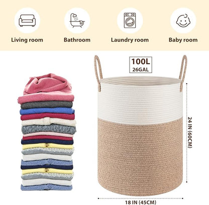 OIAHOMY Large Laundry Basket Hamper - 100L Cotton Rope Woven Basket for Blankets, Toys, Clothes - Tall Decorative Nursery Hamper with Long Handles, Brown/White