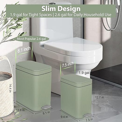 rejomiik Small Bathroom Trash Can with Lid Slim Soft Close Garbage Can Step Wastebasket Container Trash Bin for Office Bedroom Kitchen Living Room (1.9 Gallon Light Green)