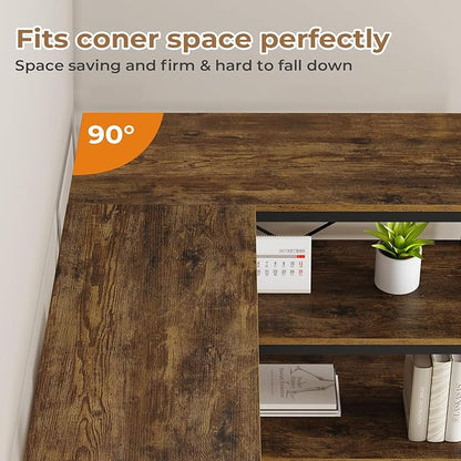 HAUOMS Corner Bookshelf, 7-Tier Industrial Convertible Book Shelf with 6 Fabric Drawers, Corner Bookcase Freestanding Display Shelf for Living Room, Kitchen, Home Office, Rustic Brown
