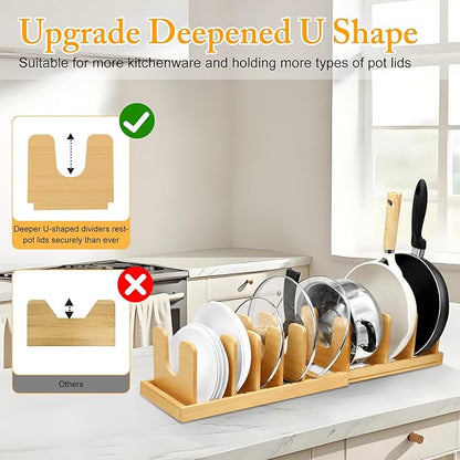 MinBoo Bamboo Expandable Pot Lid Organizer, Pot and Pan Organizer Drawer Organizer for Pot Lids, Adjustable 10 U-Shaped Dividers for Kitchen Cabinet Organizers and Storage (Bamboo-1)