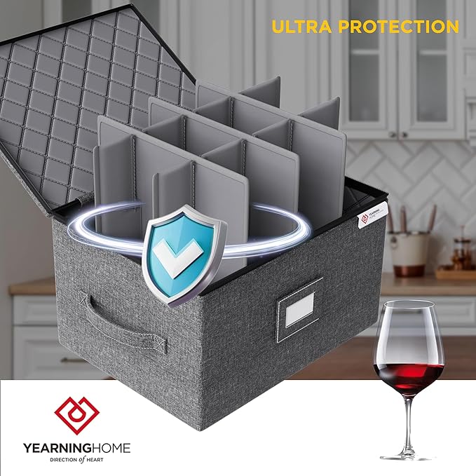 YearningHome 2 Pack Wine Glass Storage Box with Dividers,Stemware Storage Cases with Sturdy Handle and Hard Shell for Glassware Crystal Storage,Transport and Moving,Holds 12,Grey