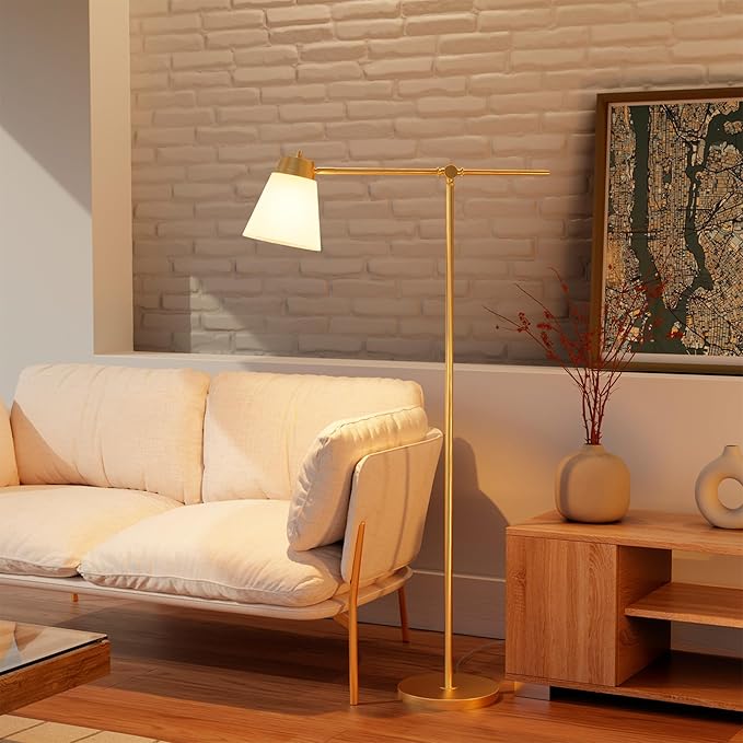 Globe Electric 69" Floor Lamp, Swing Arm, Matte Brass Plated, White Tapered Fabric Shade, On/Off Rotary Switch on Socket, 5-Foot Clear Cord, 1-Light, 40W E26/Medium Base Bulb