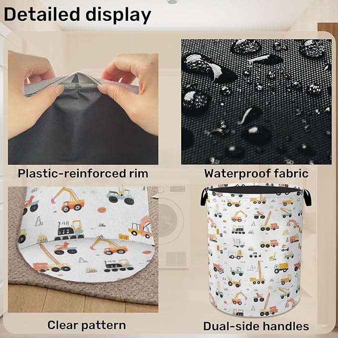 Cartoon Construction Vehicle Foldable Canvas Laundry Basket with Handles - Toy Organizer, Heavy Duty for Home，Bedroom, Dorm, Bathroom