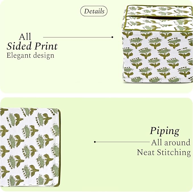 CPC Emerald Green Hand Block Printed Cotton Tissue Box Cover 5" x 5" x 5.5" Square Soft Reusable Boho Napkin Holder for Home Kitchen Dining Bathroom Office Cafe Spa Summer Thanksgiving