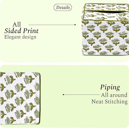 CPC Emerald Green Hand Block Printed Cotton Tissue Box Cover 5" x 5" x 5.5" Square Soft Reusable Boho Napkin Holder for Home Kitchen Dining Bathroom Office Cafe Spa Summer Thanksgiving