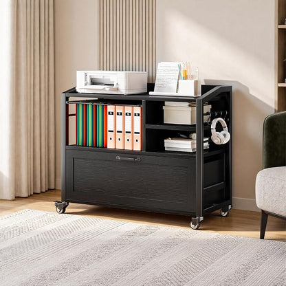 LVB Wood Lateral File Cabinet with Drawers, Rolling Filing Cabinet Under Desk for Home Office, Printer Stand with Storage Shelf, Hanging File Organizer for Legal/Letter Size, Black Oak, 33Inch
