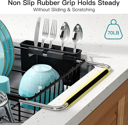 JASIWAY Black Dish Drying Rack in Sink, Expandable Stainless Steel Dish Drainers for Kitchen Counter, Dish Dryer Rack for Inside Sink, Over The Sink Dish Racks with Utensil Holder