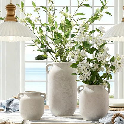 Ceramic Flower Vase Home Decor - Farmhouse Rustic White Table Vases with Handle Living Room Decoration Decorative Vintage Pottery for Kitchen Shelf Coffee Dining Desk Bookshelf Fireplace (6" Rustic)