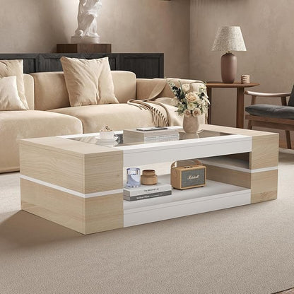 HedoAjim 47.2" Modern Stylish Coffee Table with Glass Table Top, Large Living Room Table Rectangular 2-Tier Center Tables with Storage, Wood Cocktail Tea Tables for Dining Reception Room Natural