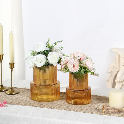 Ribbed Glass Vases for Bouquet, Set of 2 Amber Vases for Flowers, Amber Glass Vase for Tulips, Modern Vase for Living Room, Office, Coffe Table, Dining Table, Shelf, Wedding
