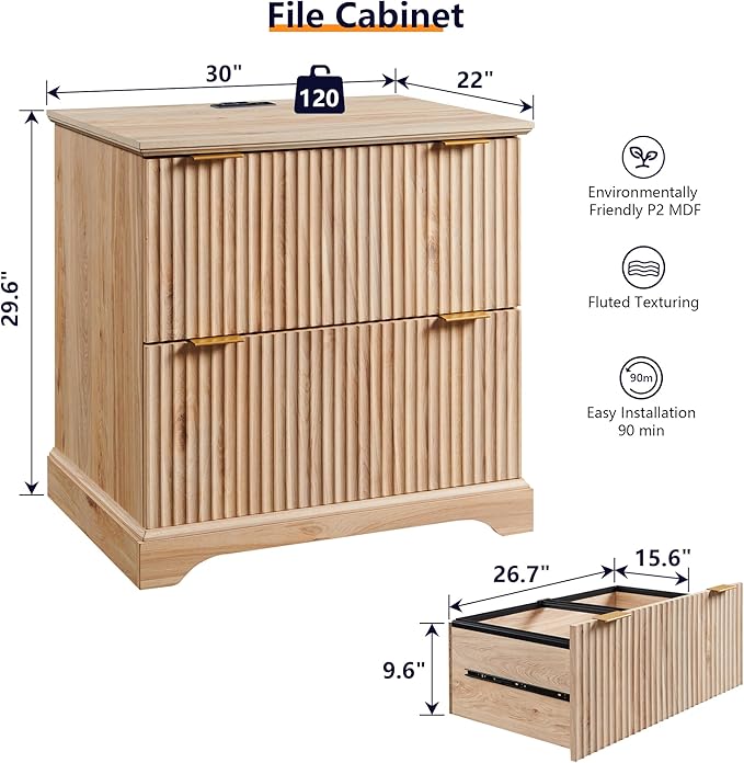 JXQTLINGMU 2 Drawer File Cabinet with Charging Station, 30" Fluted Lateral File Cabinet w/Files Hanging Rod for Letter/Legal/A4, Large Tabletop for Printer, Office Wood Printer Cabinets, Oak